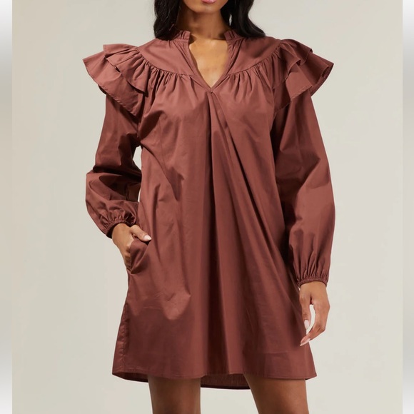 NWT SugarLips Brown Prissy Poplin Ruffle Mini Dress Size XL - Picture 3 of 10
